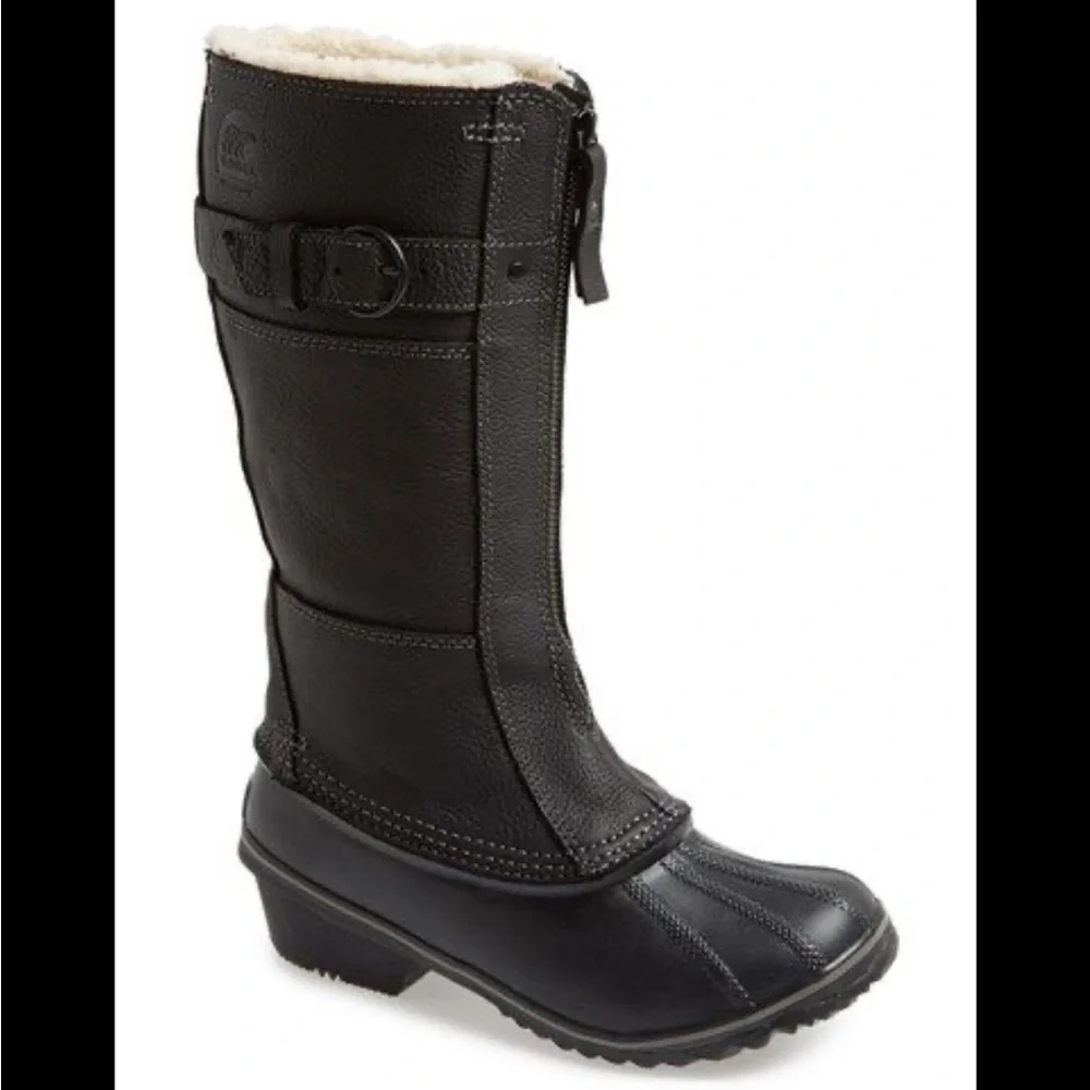 Sorel Fancy Tall Black Leather Waterproof Zip Winter Snow Duck Boots Size 6.5